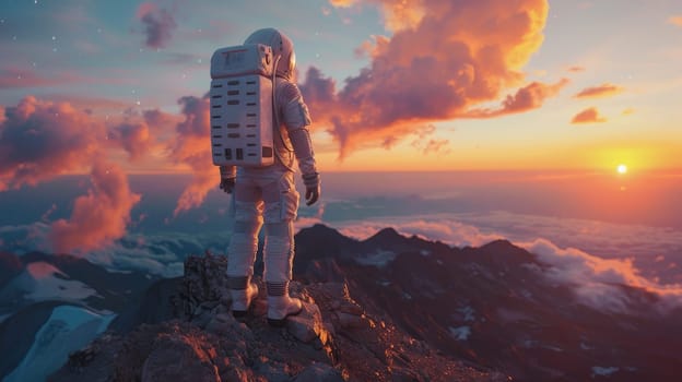 A person wearing a spacesuit walking up a mountain peak with Raise a fist