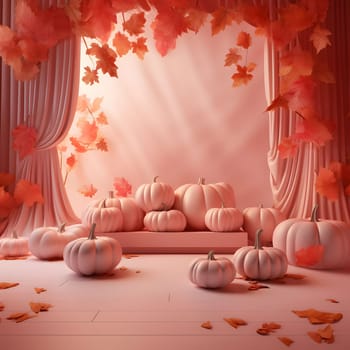 Elegant scenery with curtains, pumpkins and autumn leaves. Pumpkin as a dish of thanksgiving for the harvest. An atmosphere of joy and celebration.