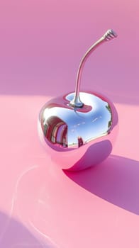 Shiny chrome cherry sculpture on pink background.