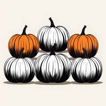 Black and white and colorful pumpkins. Pumpkin as a dish of thanksgiving for the harvest, picture on a white isolated background. Atmosphere of joy and celebration.