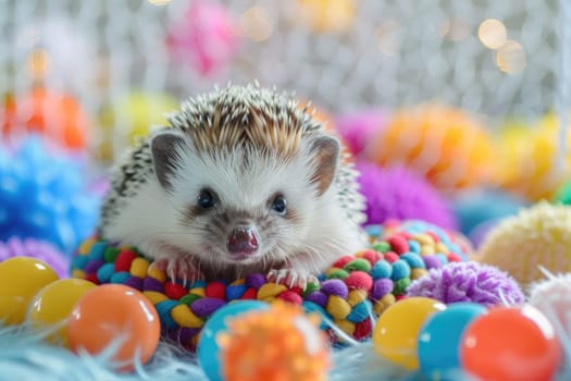 A happy hedgehog uncurled and exploring its playpen, filled with colorful toys and