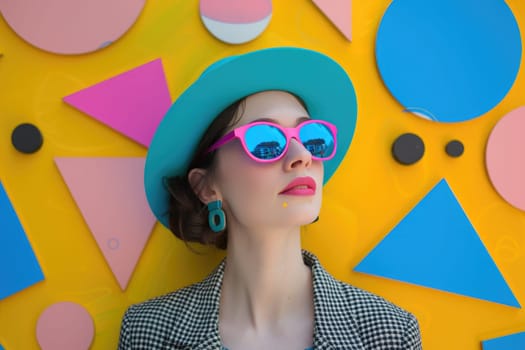 A woman with a hat and sunglasses is surrounded by various shapes and colors