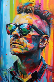 The comic colourful picture of the short hair male adult human head and has been wearing sunglasses with straight face yet picture fill with various colour that make picture fill with emotion. AIGX01.