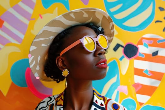 A woman with a hat and sunglasses is surrounded by various shapes and colors