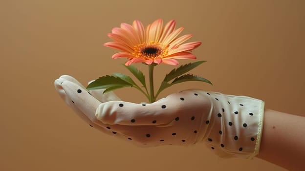 Elegant glove holding a blooming daisy flower