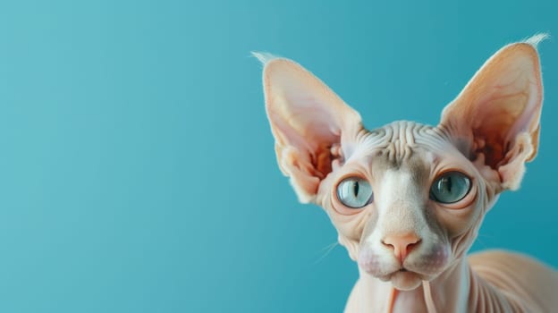 Close-up portrait of a hairless Sphinx cat with blue eyes on a teal background