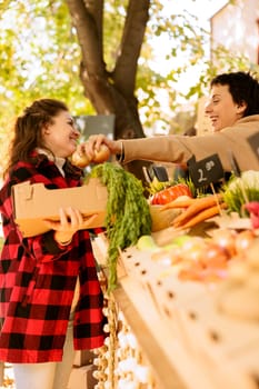 Happy female client buying organic bio fruits and vegetables at local farmers market. Cheerful customer holding box with various seasonal produce at harvest fair festival booth.