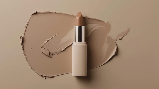 Nude lipstick with swiped foundation on a beige background