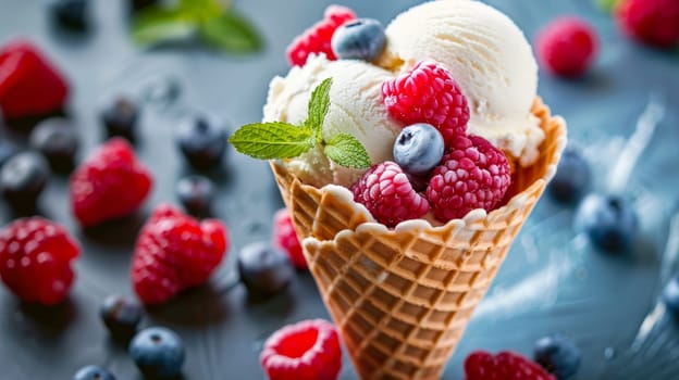 Ice cream in waffles cone with different berries.