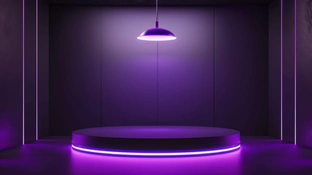 Futuristic purple-lit display platform in a dark room