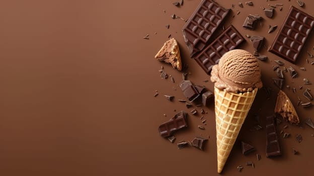 A chocolate ice cream cone topped with delicious pieces of chocolate. The cone is filled with creamy chocolate ice cream, and the chocolate chunks add a rich and indulgent flavor.