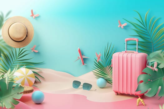 vacation travel time banner, travel suitcase with exotic destination inside with copy space area