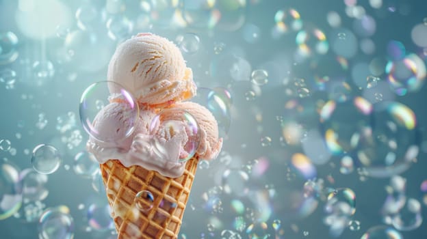 Melting Vanilla Ice Cream Cone with Soap Bubbles.