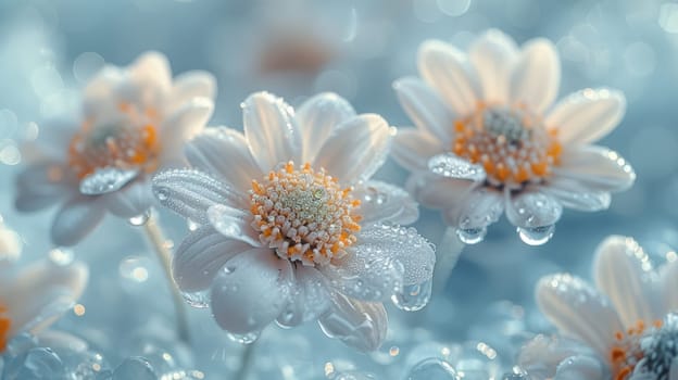 A cluster of white flowers is adorned with glistening water droplets, adding a fresh and vibrant look to the petals. The flowers appear delicate yet resilient in their beauty, as the droplets reflect the surrounding light.