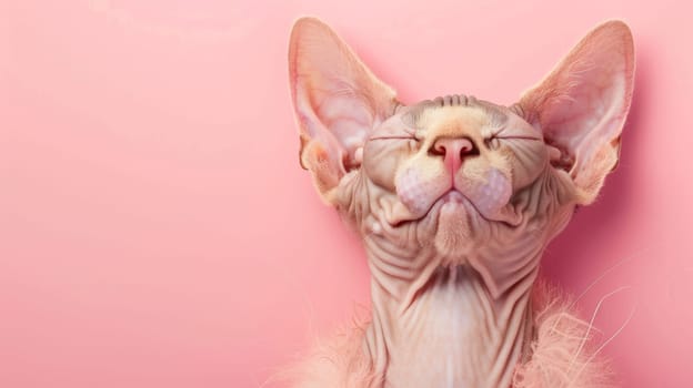 Bald sphinx cat with eyes closed and smiling on pink background