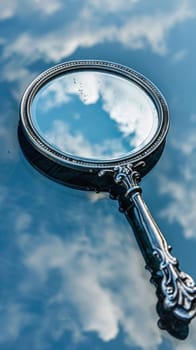 Vintage hand mirror reflecting sky and clouds.