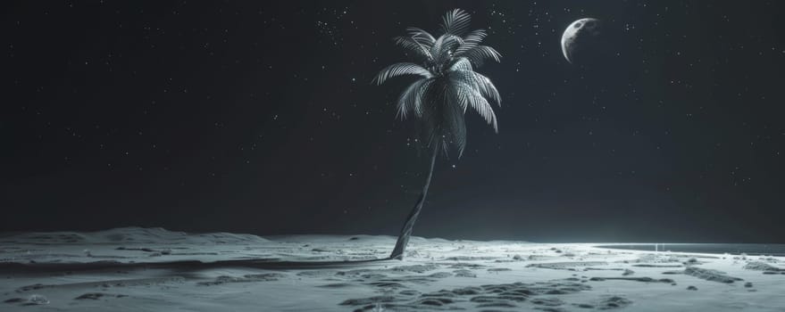 Palm tree on a moonlit sand landscape with distant planet