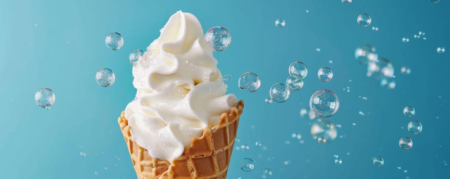 White ice cream in waffles cone with bubbles on blue background.