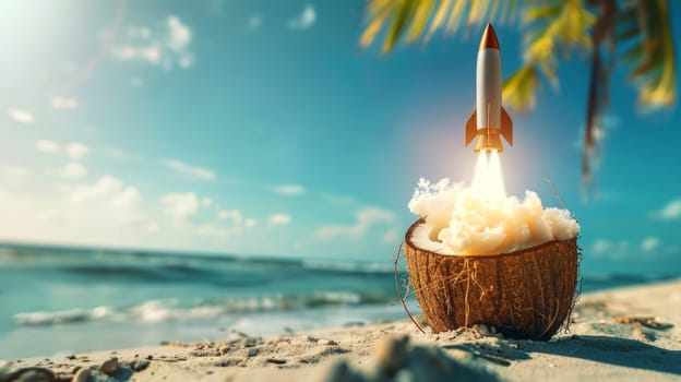 Coconut with rocket launch on a sandy beach