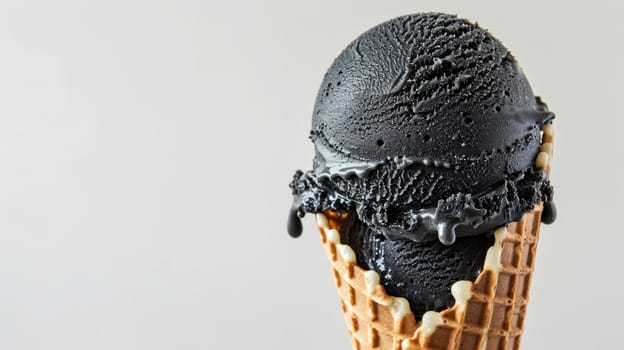 Close-up of black ice cream in waffle cone.
