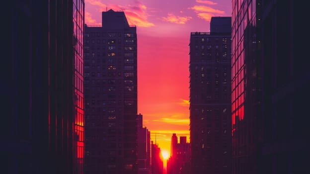 Sunset between city skyscrapers