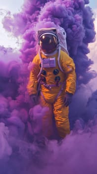 Astronaut in yellow space suit standing in purple smoke.