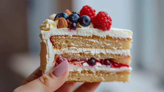 Close-up of a layered berry cake slice held in hand.