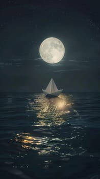 Paper boat floating on a moonlit sea