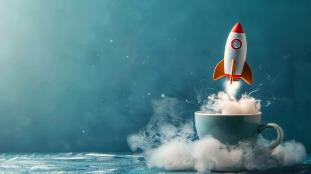 Toy rocket launching from a steaming coffee cup