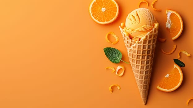 An ice cream cone filled with creamy vanilla ice cream topped with fresh orange slices, set against a vibrant orange background. The juicy citrus fruits complement the sweet treat, creating a refreshing and flavorful dessert.