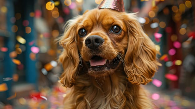 A playful dog dons a colorful party hat on its head, adding a touch of festivity to the scene.