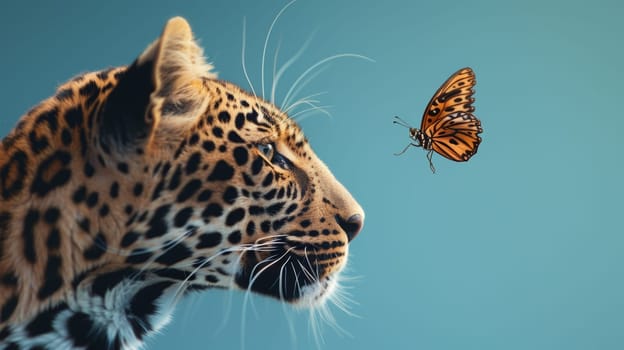 A butterfly is seen in mid-flight next to the head of a leopard. The butterfly appears to be fluttering gracefully, contrasting with the leopards stillness as it gazes towards the distance.