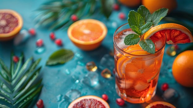 A glass filled with a drink stands on a table, perfectly surrounded by vibrant oranges. The refreshing beverage contrasts beautifully with the bright citrus fruits.