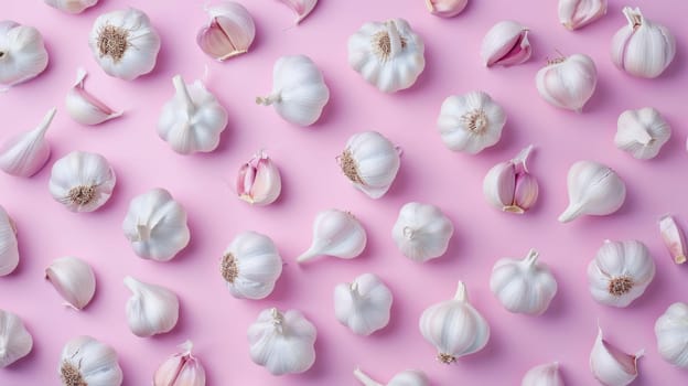 A vibrant bunch of garlic bulbs sits atop a soft pink background. The pink hue enhances the earthy tones of the garlic, creating a visually striking contrast. Each bulb showcases its unique textures and shapes, making the arrangement visually interesting.