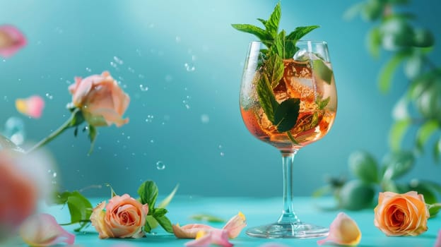 Refreshing cocktail with mint and roses on a blue background