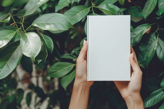 Hand holding white blank book mockup, isolated