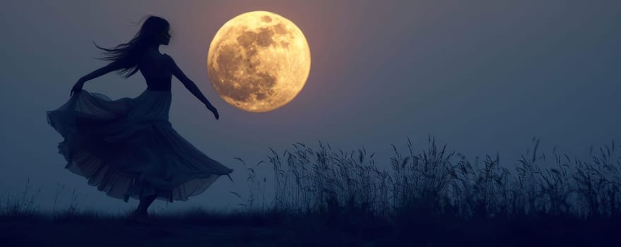 Woman dancing gracefully in a field under a full moon