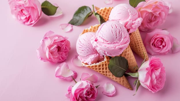Pink ice cream with roses on pastel background.