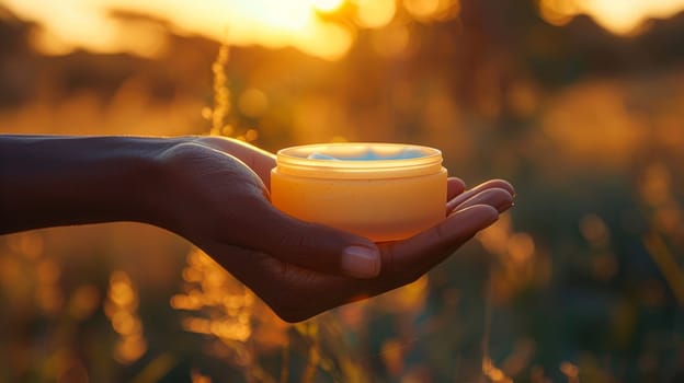 Hand holding a jar of cream at sunset