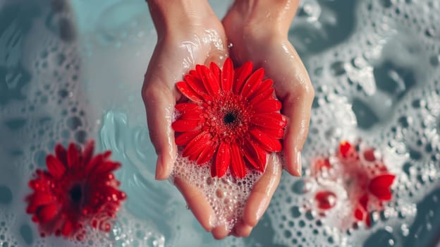 A person is seen gently holding a vibrant red flower in a bath filled with water. The individuals hand is submerged in the water, showcasing the delicate petals of the flower.