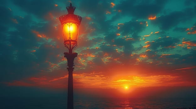 Illuminated street lamp against a spectacular sunset over the ocean
