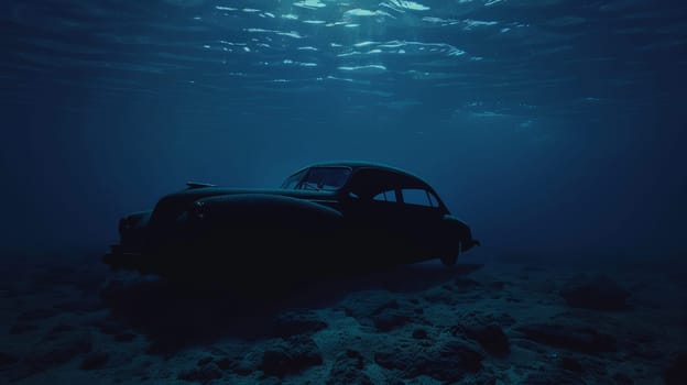 Vintage car submerged in a deep blue underwater environment