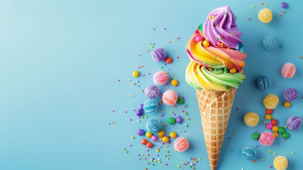 A vibrant ice cream cone loaded with colorful sprinkles sits against a solid blue backdrop, creating a visually appealing and appetizing scene.