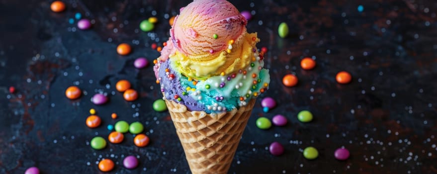 Colorful ice cream cone with sprinkles and candy.