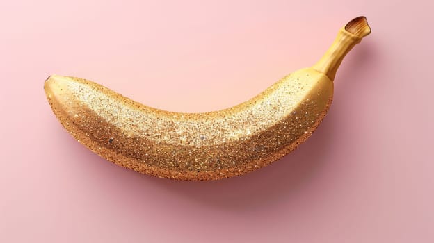 A gold glitter-covered banana is placed on a vibrant pink background, creating a striking contrast. The banana shines with metallic hues against the bold pink color.