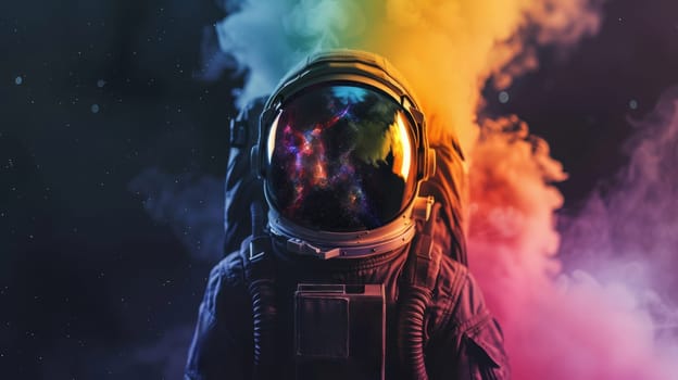 A man in a space suit stands in front of a vibrant rainbow cloud, showcasing the contrast between futuristic technology and colorful natural phenomenon.