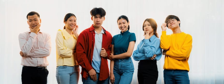 Panoramic banner young happy asian startup company employee wearing colorful casual wear stand in line together symbolize creative teamwork, job employment, HR agency recruitment. Synergic