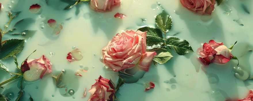 Pink roses submerged in milk water.