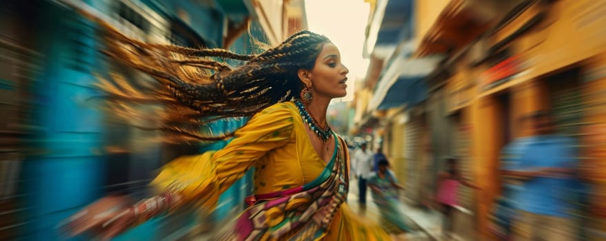 Dynamic street scene with a indian woman in traditional dress.