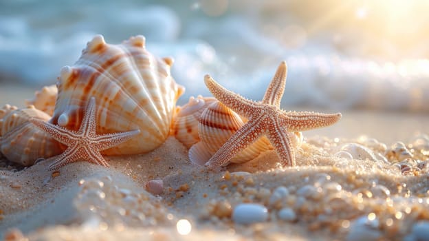 Starfish and seashells on sandy beach at sunset